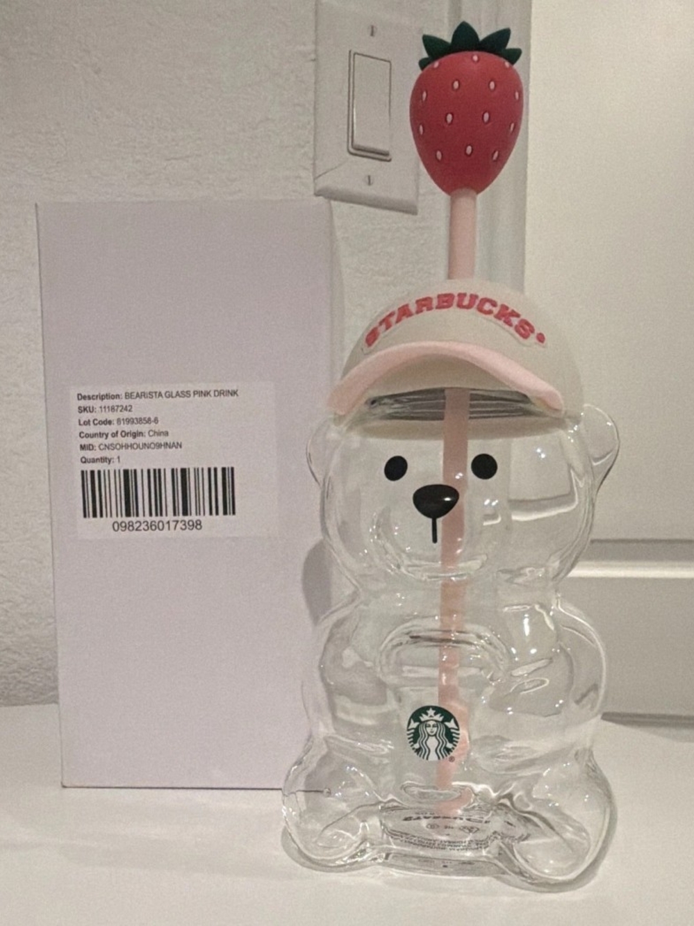 Starbucks Clear Bear Glass Bottle Straw and Strawberry Topper Pink - Picture 2 of 2